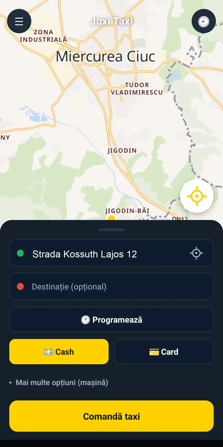 Aplicația Juxi Taxi — comandă și urmărire pe hartă